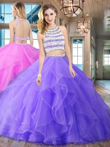 Delicate Scoop Sleeveless Organza Vestidos de Quinceanera Beading and Ruffles Brush Train Backless