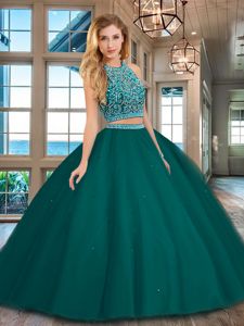 Great Dark Green Tulle Backless Scoop Sleeveless Floor Length Sweet 16 Dress Beading