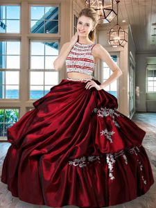 Fine Scoop Pick Ups Floor Length Two Pieces Sleeveless Wine Red Quinceanera Gown Backless