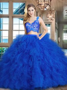 Stunning Tulle Sleeveless Sweet 16 Dresses Brush Train and Lace and Ruffles
