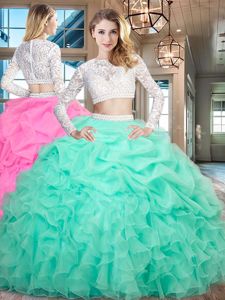 Apple Green Zipper Scoop Beading and Lace and Ruffles Quinceanera Dress Organza Long Sleeves