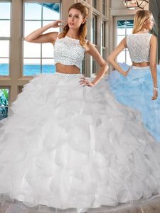 Sleeveless Organza Floor Length Side Zipper Quinceanera Dress in White for with Beading and Ruffles