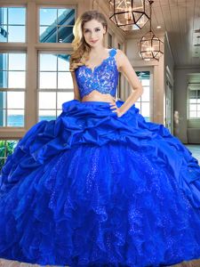 Sophisticated Royal Blue Quinceanera Dresses Taffeta and Tulle Brush Train Sleeveless Lace and Ruffles and Pick Ups