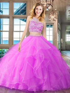 Cute Scoop With Train Backless Quinceanera Dama Dress Fuchsia and In for Military Ball and Sweet 16 and Quinceanera with Beading and Ruffles Brush Train