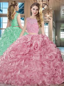 Spectacular Pink Bateau Lace Up Lace and Ruffles Ball Gown Prom Dress Brush Train Sleeveless