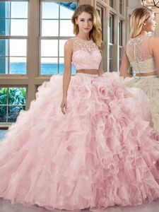 Nice Baby Pink Two Pieces Scoop Sleeveless Organza Floor Length Zipper Beading and Ruffles Quinceanera Dresses