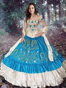 Custom Fit Off the Shoulder Cap Sleeves Taffeta Lace Up Ball Gown Prom Dress in Teal for with Embroidery and Ruffled Layers