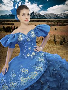Off the Shoulder Blue Lace Up Sweet 16 Dresses Appliques and Ruffles Short Sleeves Floor Length