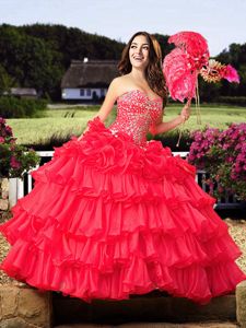 Lovely Sweetheart Sleeveless 15th Birthday Dress Floor Length Beading and Ruffled Layers Coral Red Organza
