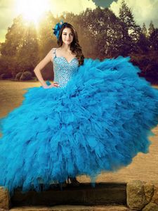Straps Straps Baby Blue Sleeveless Tulle Lace Up Vestidos de Quinceanera for Military Ball and Sweet 16 and Quinceanera