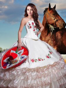White Lace Up Quinceanera Dress Embroidery and Ruffled Layers Sleeveless Floor Length