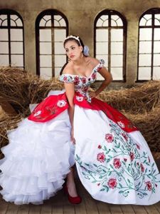 High Class Off the Shoulder Ruffled Floor Length Ball Gowns Cap Sleeves White and Red Quinceanera Gowns Lace Up