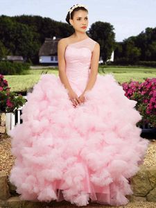 Baby Pink Quinceanera Dress Military Ball and Sweet 16 and Quinceanera and For with Beading One Shoulder Sleeveless Lace Up