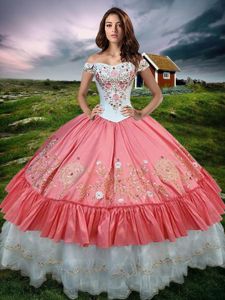 Off The Shoulder Sleeveless Organza and Taffeta 15th Birthday Dress Embroidery and Ruffled Layers Lace Up