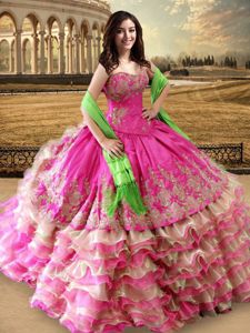Hot Pink Lace Up Sweetheart Beading and Embroidery and Ruffled Layers 15th Birthday Dress Organza and Taffeta Sleeveless