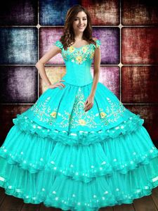Off The Shoulder Sleeveless Organza Sweet 16 Quinceanera Dress Embroidery and Ruffled Layers Lace Up