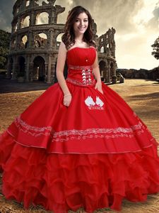 Delicate Ruffled Floor Length Red Ball Gown Prom Dress Strapless Sleeveless Lace Up