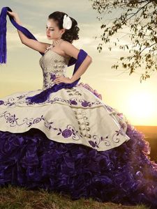 With Train White And Purple Quince Ball Gowns Sweetheart Sleeveless Brush Train Lace Up