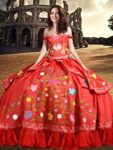 Glittering Off the Shoulder Red Sleeveless Floor Length Embroidery and Bowknot Lace Up Ball Gown Prom Dress