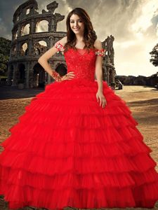 Beauteous Off The Shoulder Sleeveless 15th Birthday Dress With Train Chapel Train Beading and Ruffled Layers Red Tulle