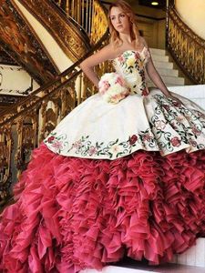 Brush Train Ball Gowns Quinceanera Gowns White and Red Sweetheart Organza and Taffeta Sleeveless With Train Lace Up