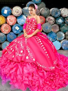 Fashionable Hot Pink Ball Gowns Beading and Embroidery and Ruffles Quinceanera Dress Lace Up Organza and Taffeta Sleeveless With Train