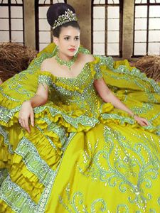 Off the Shoulder Floor Length Lace Up Ball Gown Prom Dress Light Yellow and In for Military Ball and Sweet 16 and Quinceanera with Embroidery