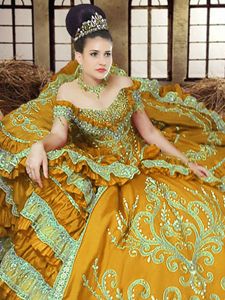 High End Off the Shoulder Gold Sleeveless Satin Lace Up Dama Dress for Military Ball and Sweet 16 and Quinceanera