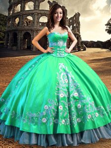 Off the Shoulder Turquoise Satin Lace Up Quinceanera Dress Sleeveless Floor Length Lace and Embroidery