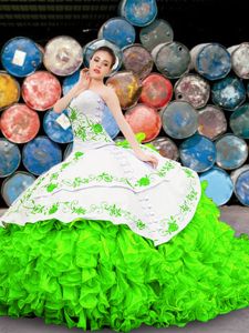 Superior Sweetheart Sleeveless Organza Quinceanera Dresses Appliques and Embroidery and Ruffles Lace Up