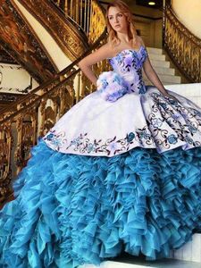 White And Purple Sleeveless Floor Length Appliques and Embroidery and Ruffles Lace Up 15 Quinceanera Dress