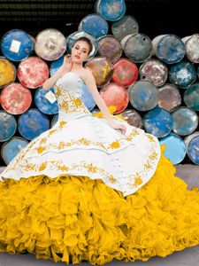 Decent Yellow And White Sweetheart Neckline Appliques and Embroidery and Ruffles Quinceanera Dresses Sleeveless Lace Up