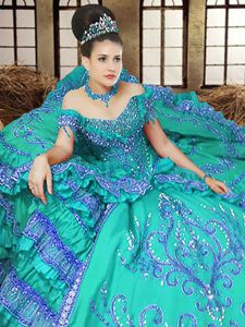 Designer Off The Shoulder Sleeveless Ball Gown Prom Dress Floor Length Embroidery Turquoise Satin
