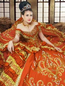 Orange Ball Gowns Satin Off The Shoulder Sleeveless Embroidery Floor Length Lace Up Quince Ball Gowns