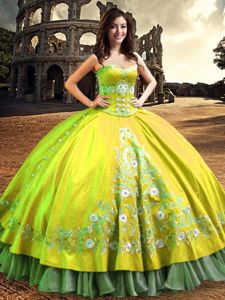 One Shoulder Yellow Green Sleeveless Lace and Embroidery Floor Length Quince Ball Gowns