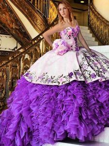 Fashion Rust Red Ball Gowns Sweetheart Sleeveless Organza Floor Length Lace Up Appliques and Embroidery and Ruffles 15 Quinceanera Dress
