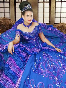 Off the Shoulder Royal Blue Sleeveless Floor Length Embroidery Lace Up Ball Gown Prom Dress