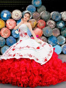 Dramatic White And Red Ball Gowns Appliques and Embroidery and Ruffles Quinceanera Gowns Lace Up Organza Sleeveless Floor Length