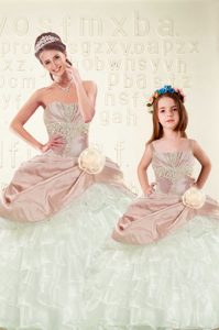 Shining Sweetheart Sleeveless Organza and Taffeta Quinceanera Gown Beading and Ruffled Layers and Hand Made Flower Lace Up