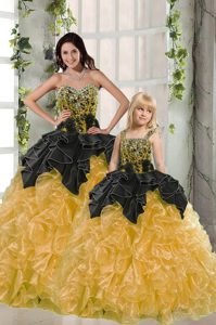 Yellow Sleeveless Floor Length Beading and Ruffles Lace Up Quinceanera Dresses