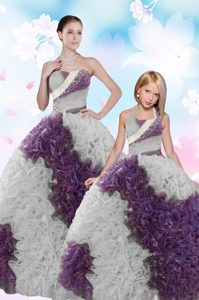 White And Purple Ball Gowns Strapless Sleeveless Fabric With Rolling Flowers Floor Length Lace Up Beading and Sequins Sweet 16 Dresses