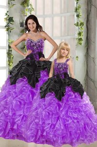 Black And Purple Sleeveless Organza Lace Up 15th Birthday Dress for Military Ball and Sweet 16 and Quinceanera