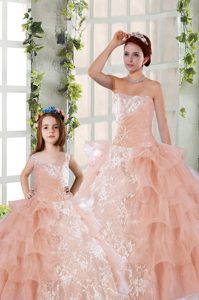 Peach Ball Gowns Strapless Sleeveless Organza Floor Length Lace Up Beading and Ruffled Layers and Ruching Vestidos de Quinceanera
