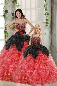 Fitting Red And Black Sweetheart Neckline Beading and Ruffles 15th Birthday Dress Sleeveless Lace Up