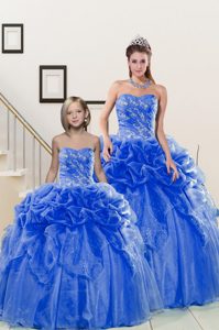 Blue Sleeveless Floor Length Beading and Pick Ups Lace Up Quince Ball Gowns