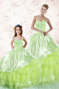 Yellow Green Organza Lace Up 15 Quinceanera Dress Sleeveless Floor Length Embroidery and Ruffled Layers