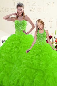 Custom Designed Yellow Lace Up Ball Gown Prom Dress Beading and Ruffles Sleeveless Floor Length