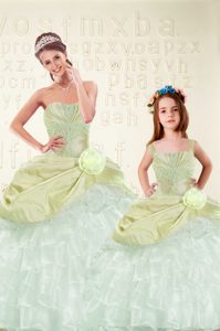 Ruffled Yellow Green Sleeveless Organza and Taffeta Lace Up Quinceanera Dress for Military Ball and Sweet 16 and Quinceanera
