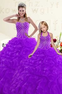 Delicate Beading and Ruffles Quince Ball Gowns Purple Lace Up Sleeveless Floor Length