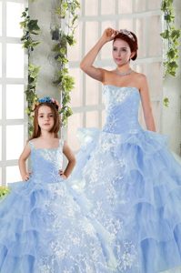 Ruffled Strapless Sleeveless Lace Up Sweet 16 Dress Blue Organza
